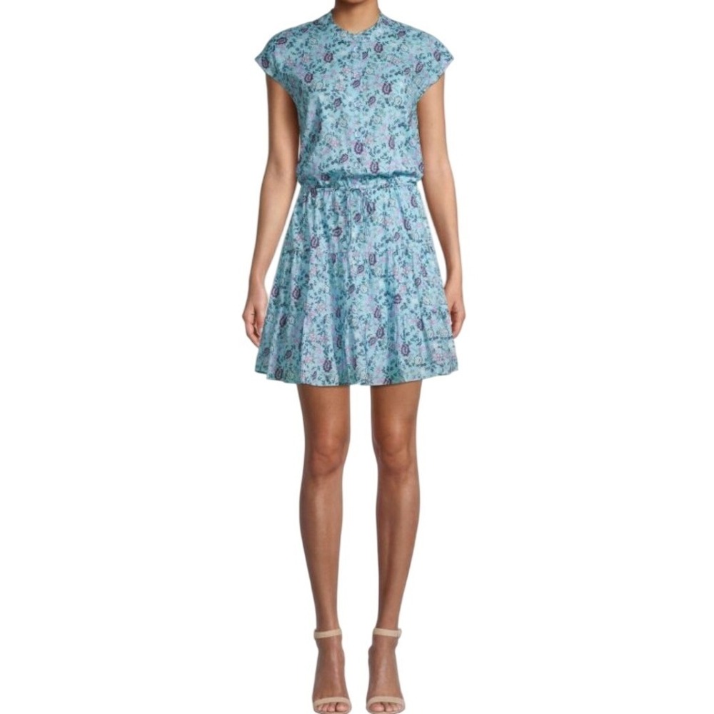 Rebecca Minkoff Women's Ollie Tiered Blue Floral Mini Dress Small Short Sleeve